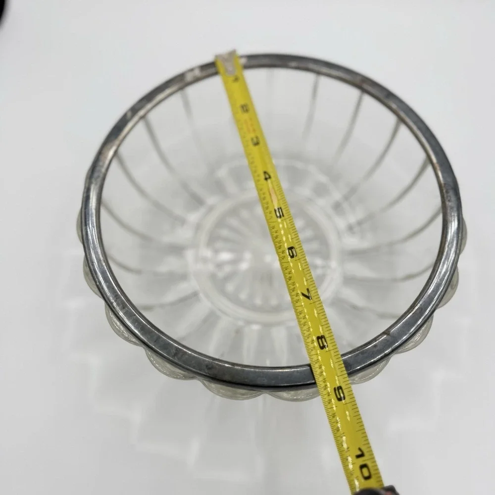 Vintage Clear Glass Serving Bowl Silver Tone Rim Scalloped Fruit Salad 9.5